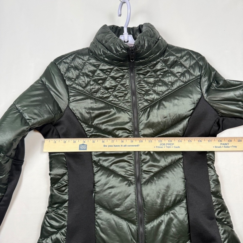 Guess Womens Medium Quilted Puffer Jacket Dark Green Full Zip Hideaway Hood - Picture 8 of 11